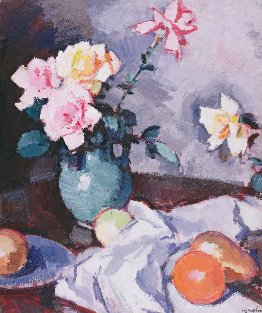 Rosas cor-de-rosa em um jarro verde, c.1926 de Samuel John Peploe