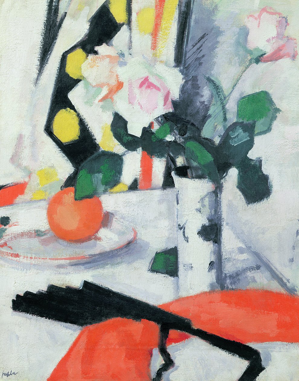 Still Life: Rosas em um vaso chinês com ventilador preto, 1924 de Samuel John Peploe