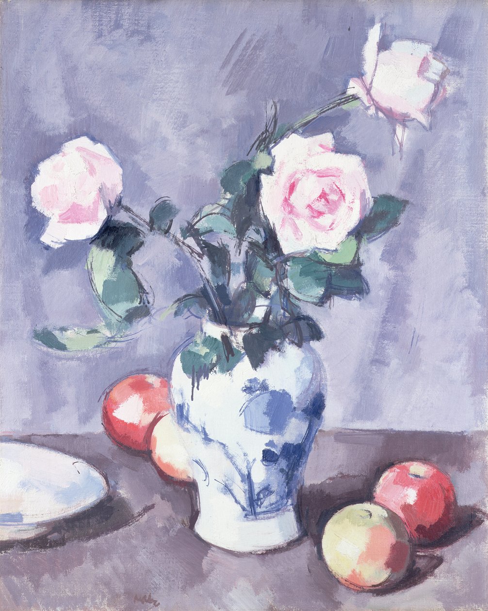 Ainda vida de rosas em um vaso azul e branco de Samuel John Peploe