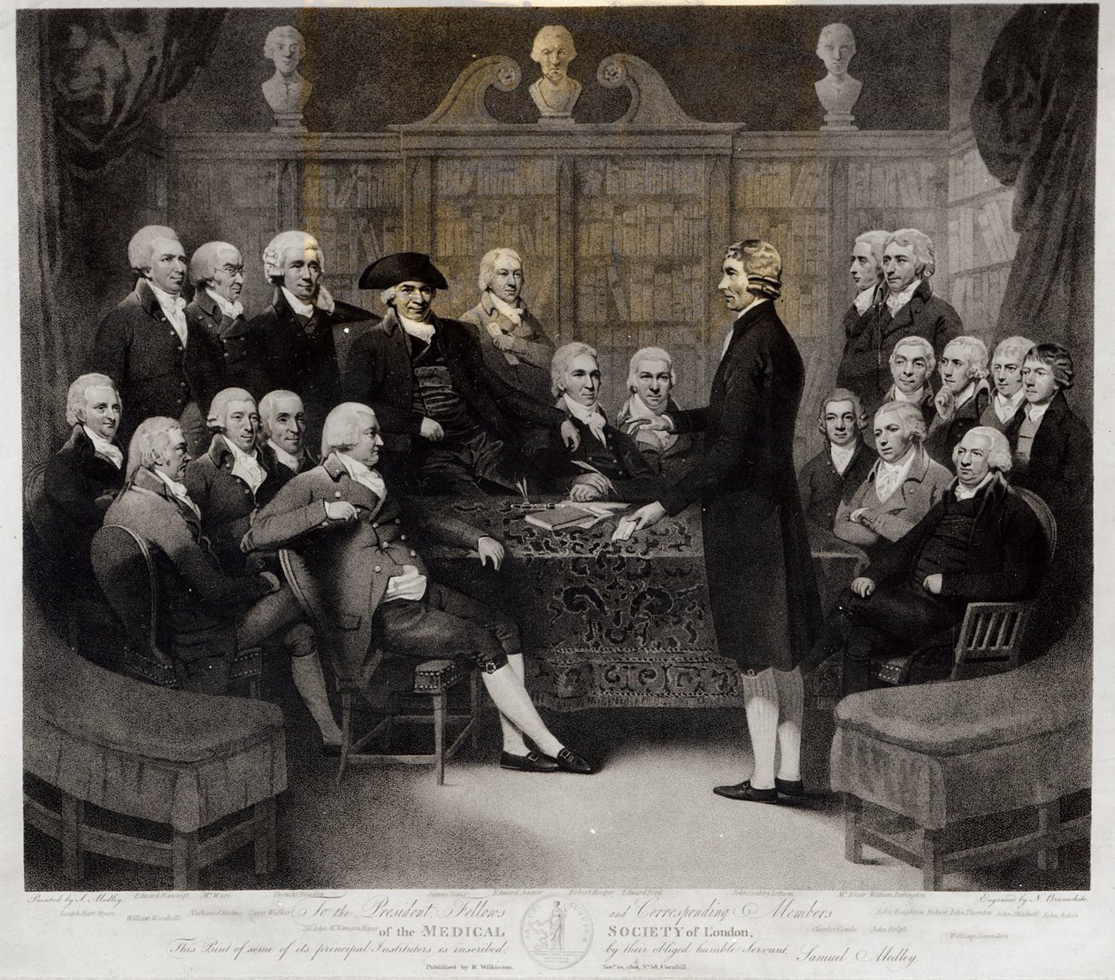 Retrato de Grupo do Presidente, Companheiros e Membros Correspondentes da Sociedade Médica de Londres, gravado por Nathan Cooper Branwhite (1775-1857), publicado por R. Wilkinson, 1801 (foto bw de Samuel Medley