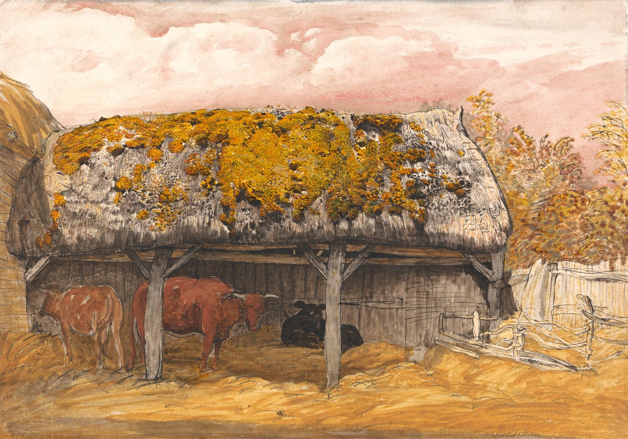 Um alojamento de vaca com um telhado de musgo de Samuel Palmer