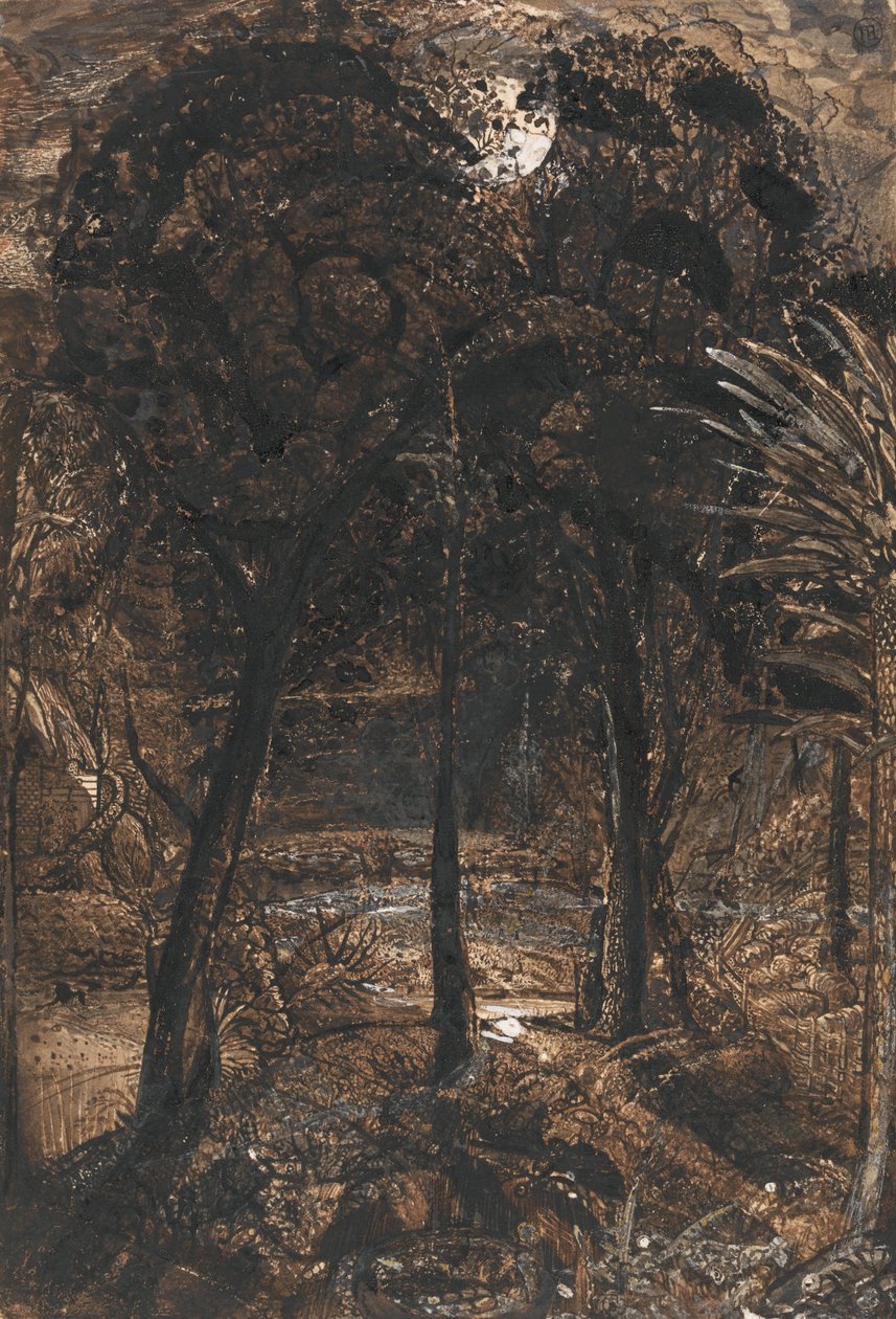 Uma cena ao luar com um rio sinuoso de Samuel Palmer
