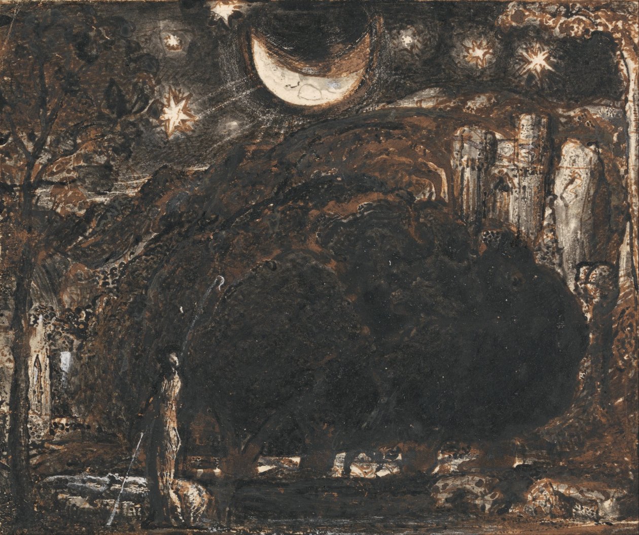 Um pastor e seu rebanho sob a lua e as estrelas de Samuel Palmer