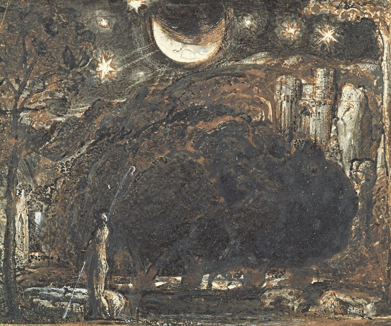 Um pastor e seu rebanho sob a lua e as estrelas, c.1827 (caneta e tinta no papel) de Samuel Palmer