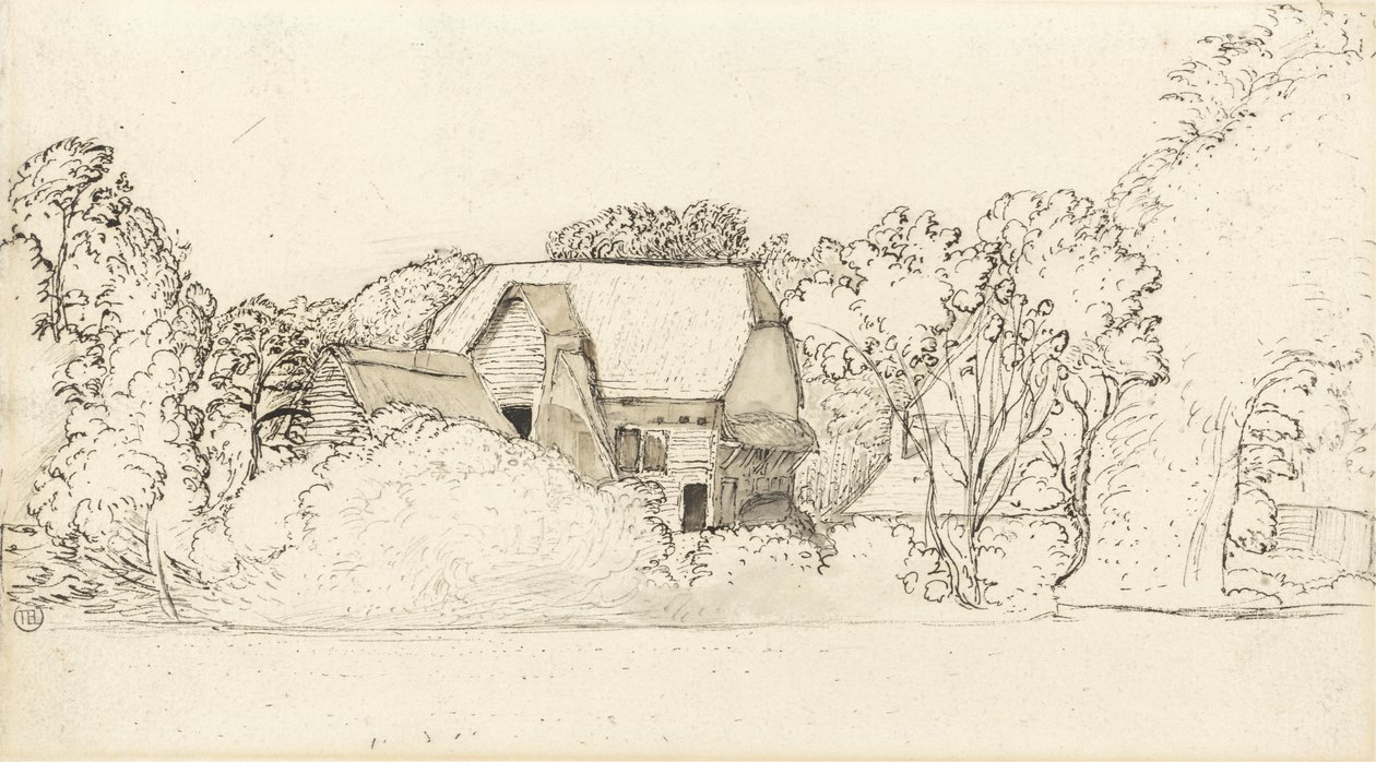 Um antigo celeiro em Shoreham (caneta e tinta e cinza e marrom lavam grafite sobre papel) de Samuel Palmer
