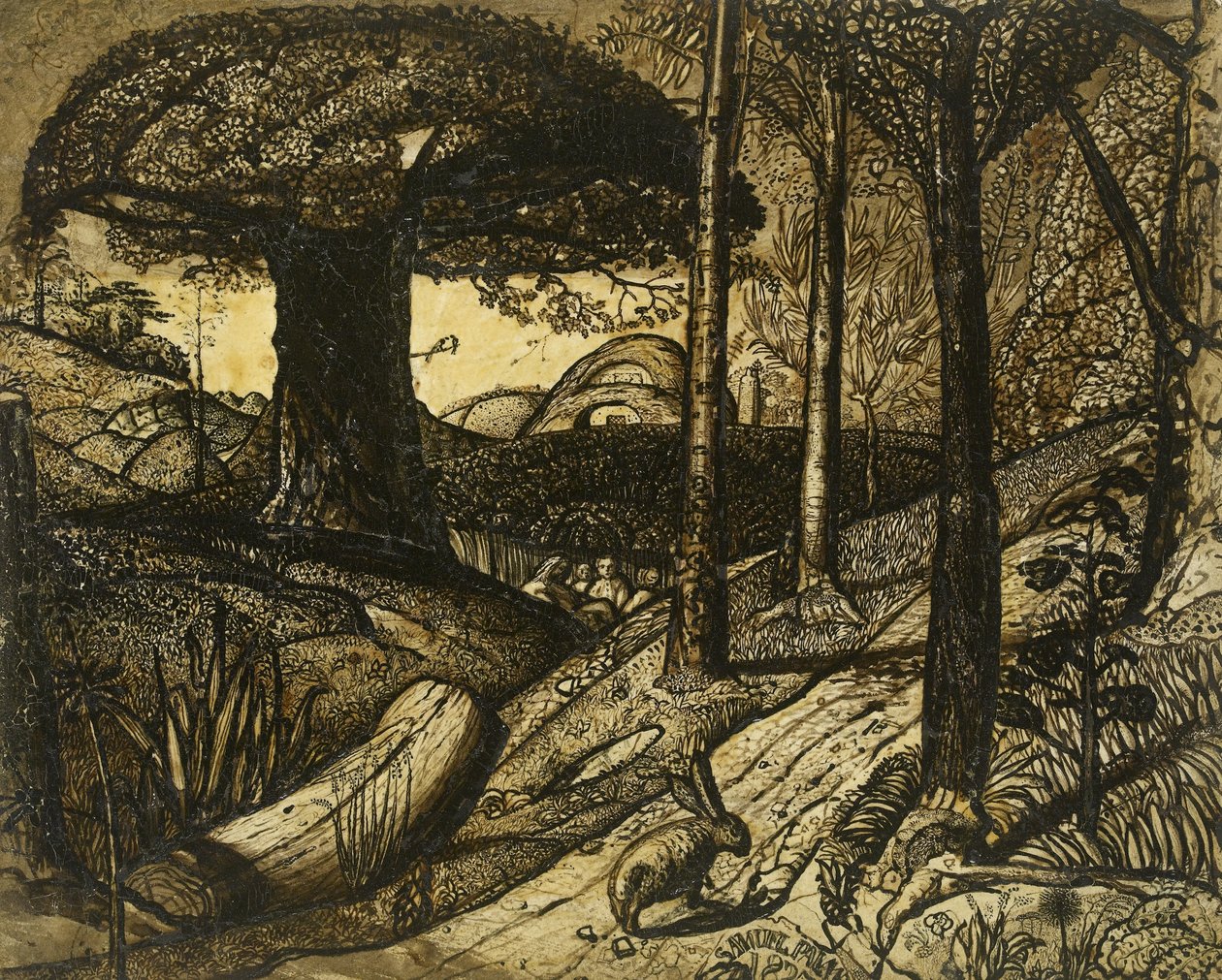De manhã cedo, 1825 (caneta e pincel em sépia) de Samuel Palmer
