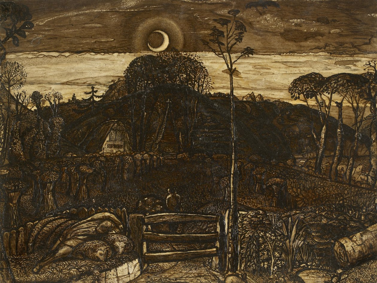 Late Twilight, 1825 (caneta e tinta marrom escura com pincel em sépia misturado com goma arábica; envernizado) de Samuel Palmer