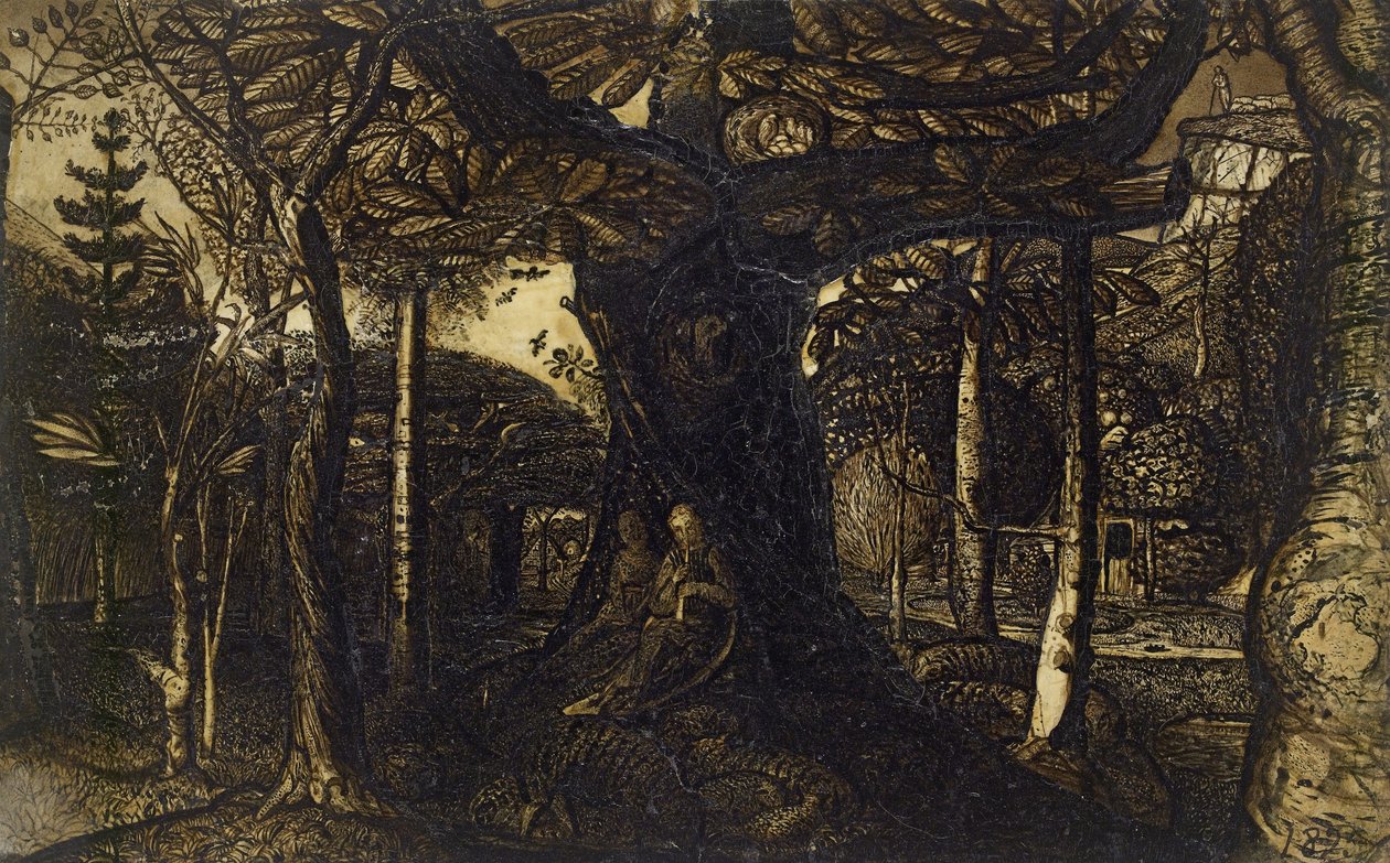 As saias de uma madeira, 1825 (caneta e pincel em sépia) de Samuel Palmer