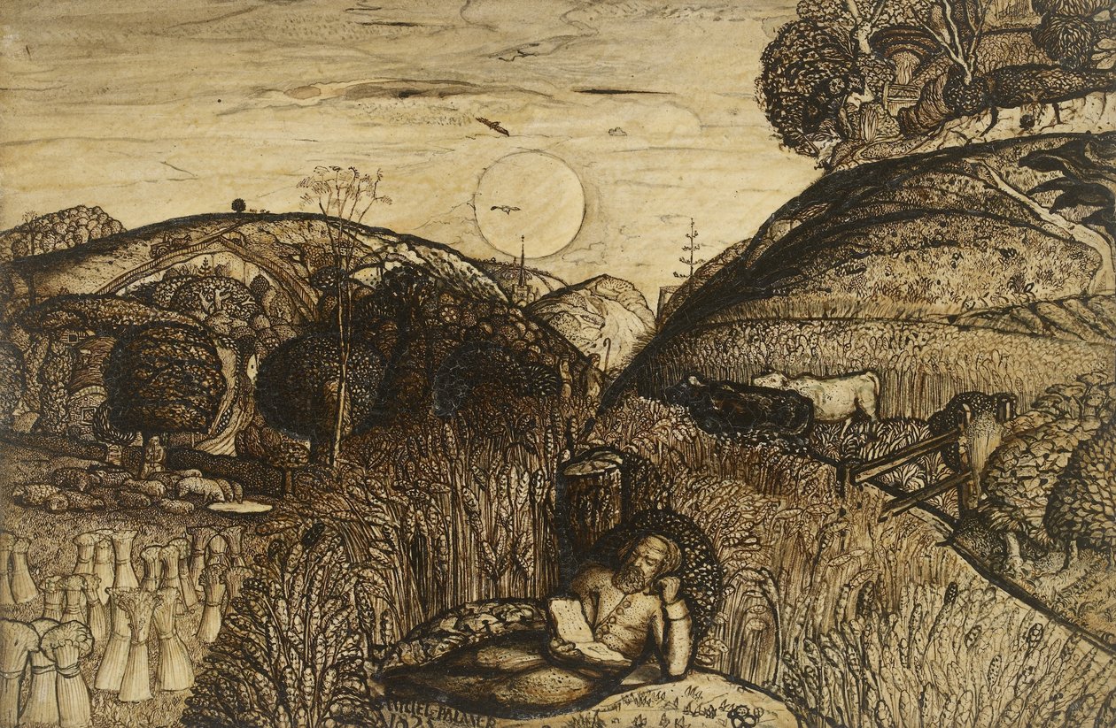 O Vale Grosso com Milho, 1825 (caneta e tinta marrom escuro com pincel em sépia misturado com goma arábica; envernizado) de Samuel Palmer