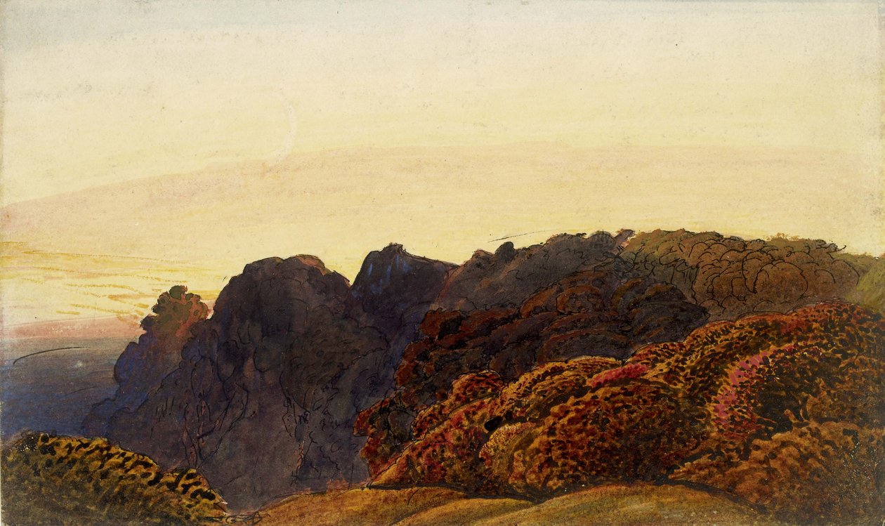 Crepúsculo Amarelo, c.1830 (caneta e nanquim e lavagem, com aguarela e bodycolour e goma arábica, em papel quase branco) de Samuel Palmer
