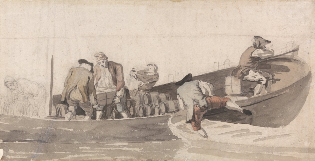 Homens carregando um barco com barris de Samuel Scott