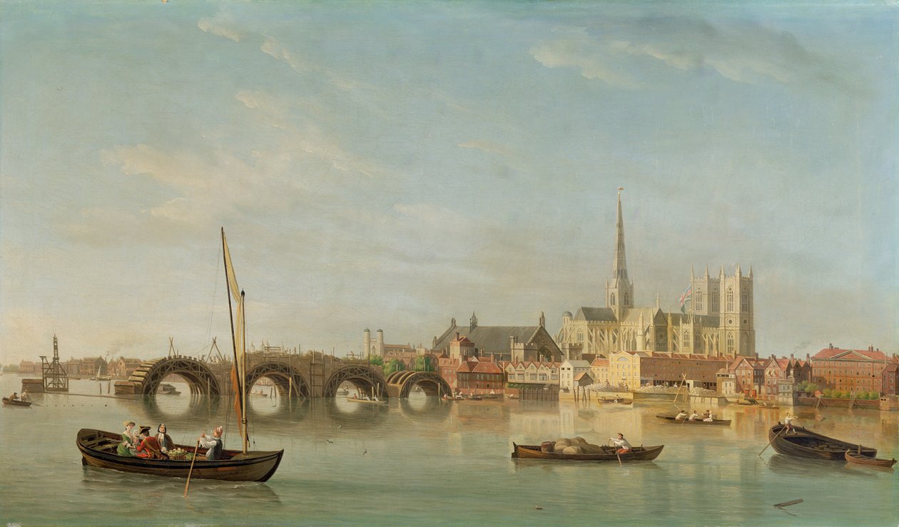 O edifício da ponte de Westminster com uma visão imaginária da Abadia de Westminster, c.1742 de Samuel Scott