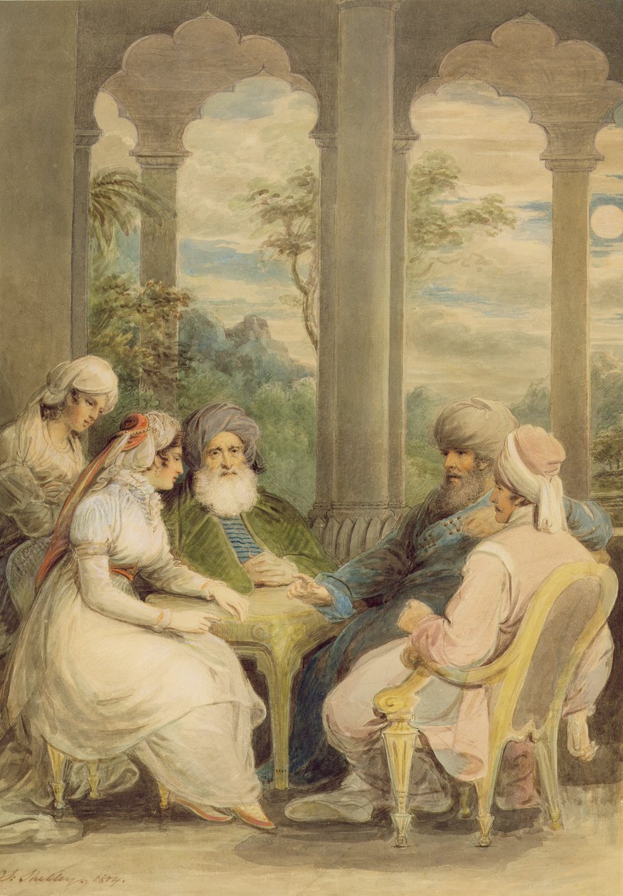 Príncipe Rasselas e sua irmã conversando em seu palácio de verão nas margens do Nilo, 1804 (wc com giz sobre grafite no papel) de Samuel Shelley