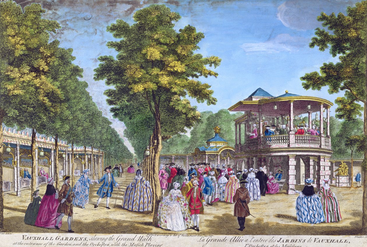 Vista do Grand Walk na entrada do Vauxhall Pleasure Gardens com a orquestra tocando, gravada por Muller de Samuel Wale