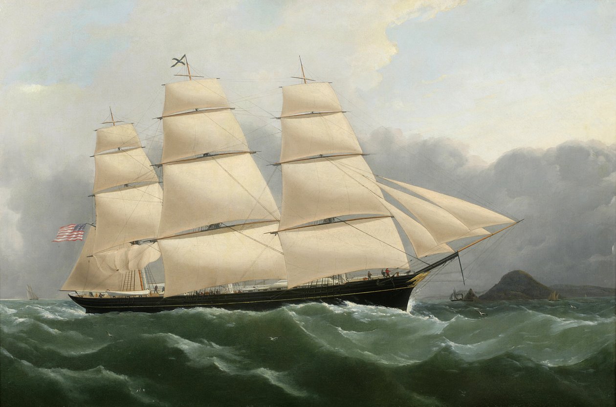 O navio clipper "Challenge" chegando ao largo da costa da Inglaterra sob a vela cheia de Samuel Walters