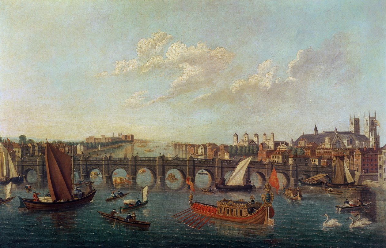Westminster Bridge, com Westminster Abbey e Lambeth Palace em ambos os lados de Samuel after Scott