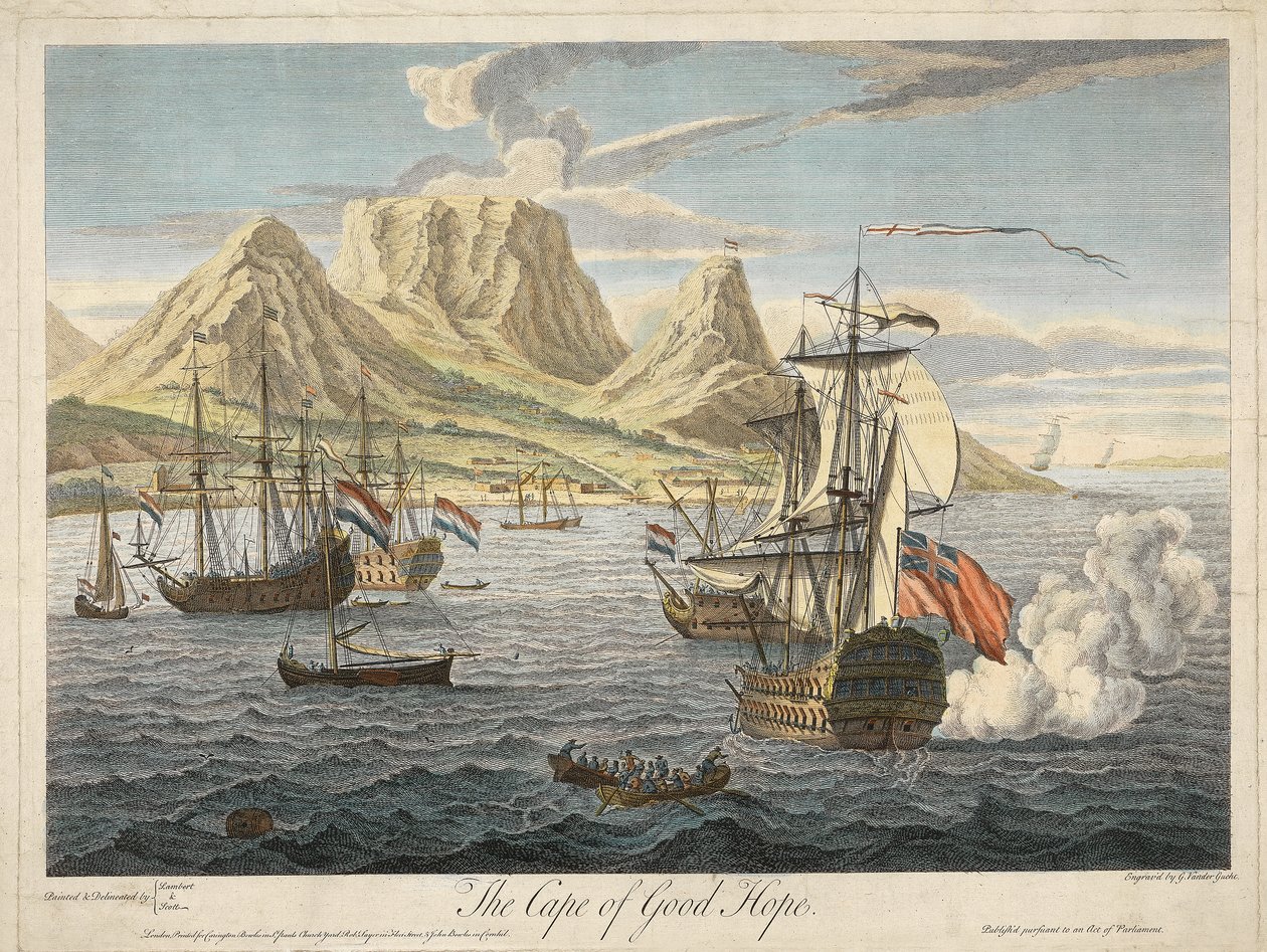 O Cabo da Boa Esperança, pub. C. 1731 (gravura colorida à mão) de Samuel after and Lambert Scott