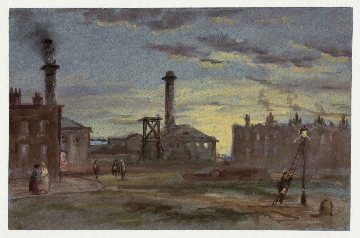 Gasworks no por do sol, c.1850 de Samuel attr. to Bough