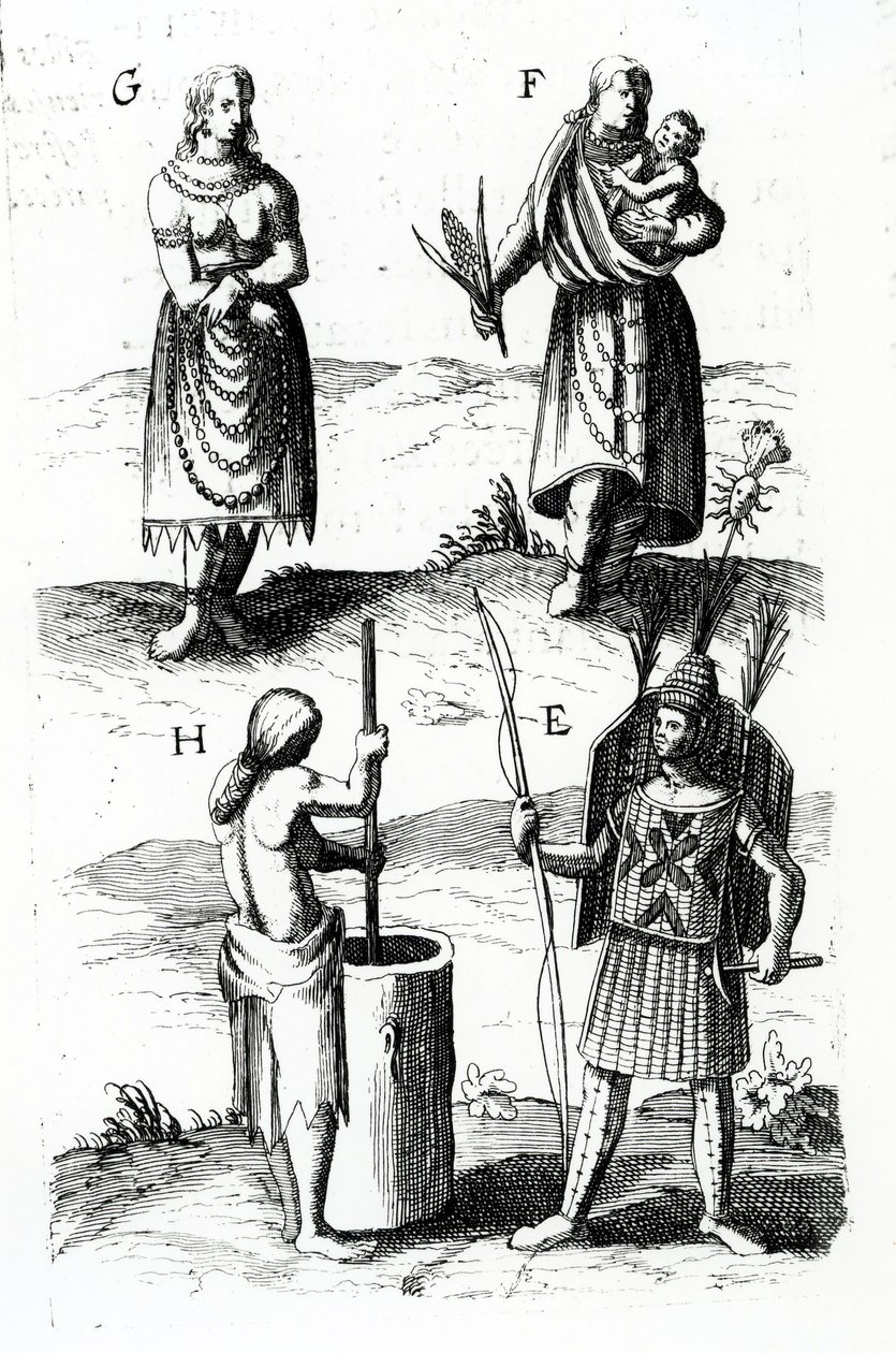 Ilustrações de vestido Algonquin, gravura de Voyages of Sieur de Champlain por Samuel de Champlain (c. 1574-1635), século XVII de Samuel de Champlain