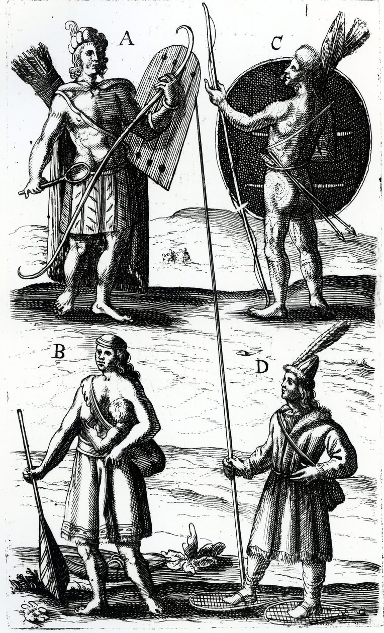 Ilustrações de vestido Algonquin, gravura de Voyages of Sieur de Champlain por Samuel de Champlain (c. 1574-1635), século XVII de Samuel de Champlain