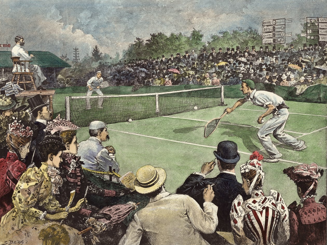 Campeonato de ténis de relva em Wimbledon, 1891, com os Srs. W Baddeley e J Pim a disputar as finais (gravura a cores) de Samuel (after) Begg