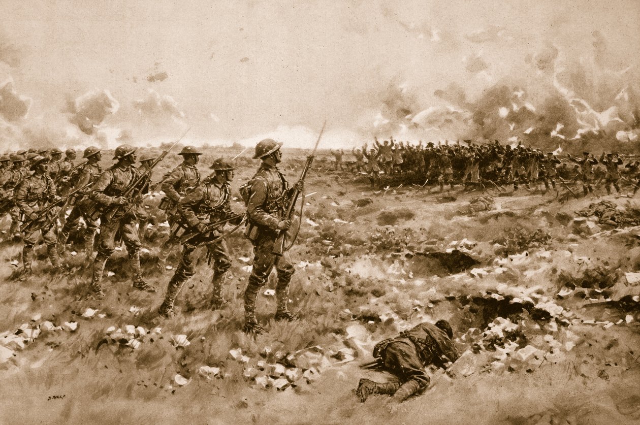 A sua última esperança: Soldados alemães desmoralizados imploram clemência por parte das tropas britânicas em avanço (litho) de Samuel (after) Begg