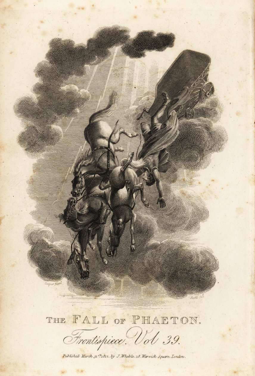 Ilustração alegórica de Phaethon, filho de Helios e do Oceanid Clymene, caindo do céu enquanto dirigia a Carruagem do Sol de Samuel (after) Cooper