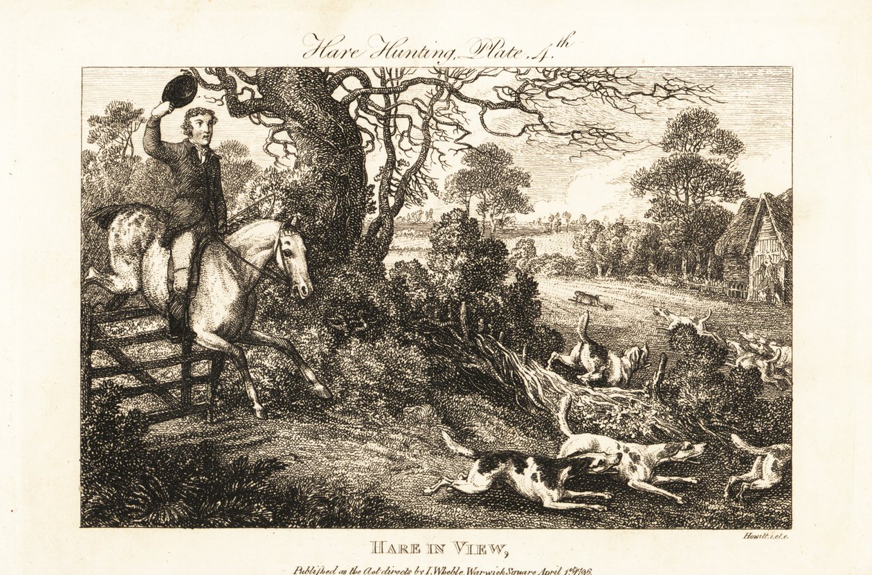 Caçador montado a saltar uma vedação atrás de um bando de cães de caça a perseguir uma lebre de Samuel (after) Howitt