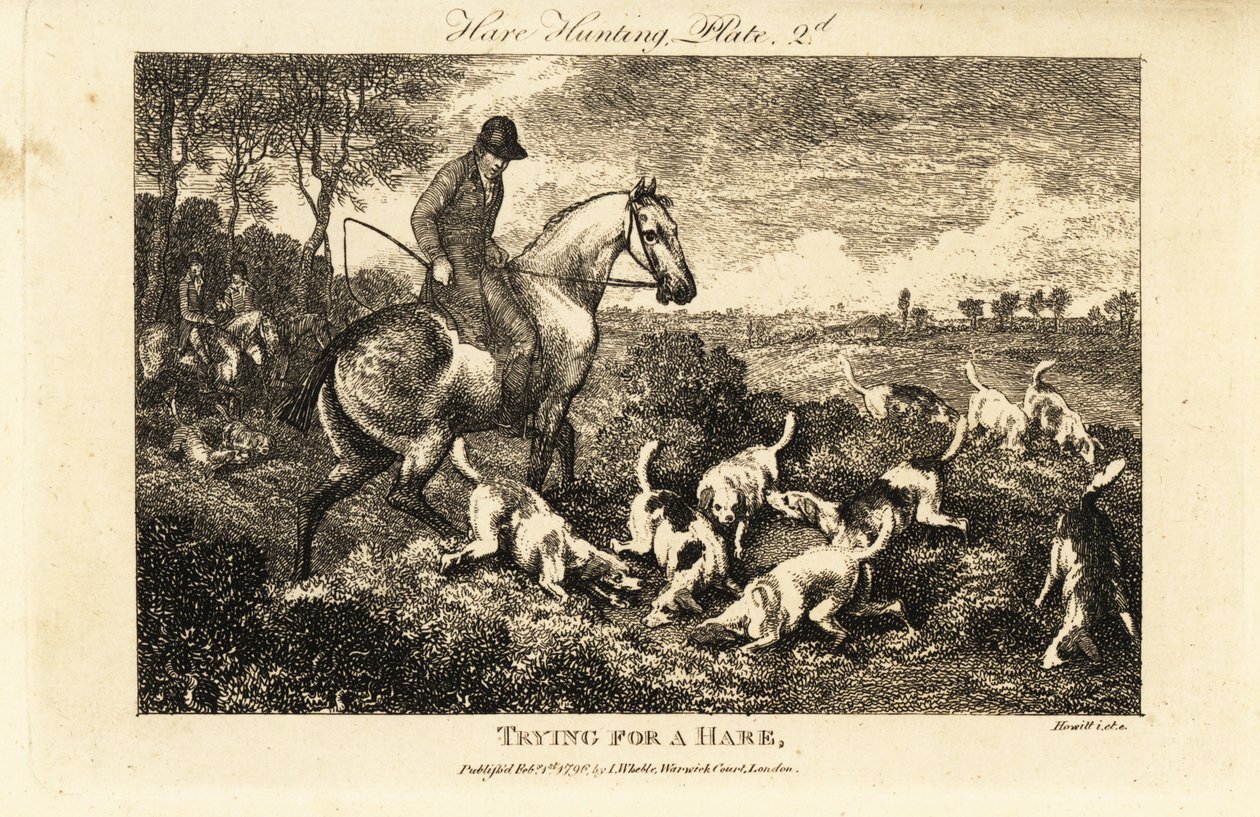 Caçador montado a observar uma matilha de cães de caça a escavar por lebres de Samuel (after) Howitt
