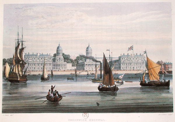 Greenwich Hospital, gravada por R.G. Reeve (fl.1811-37) 1828 (gravação a cores) de Samuel (after) Owen
