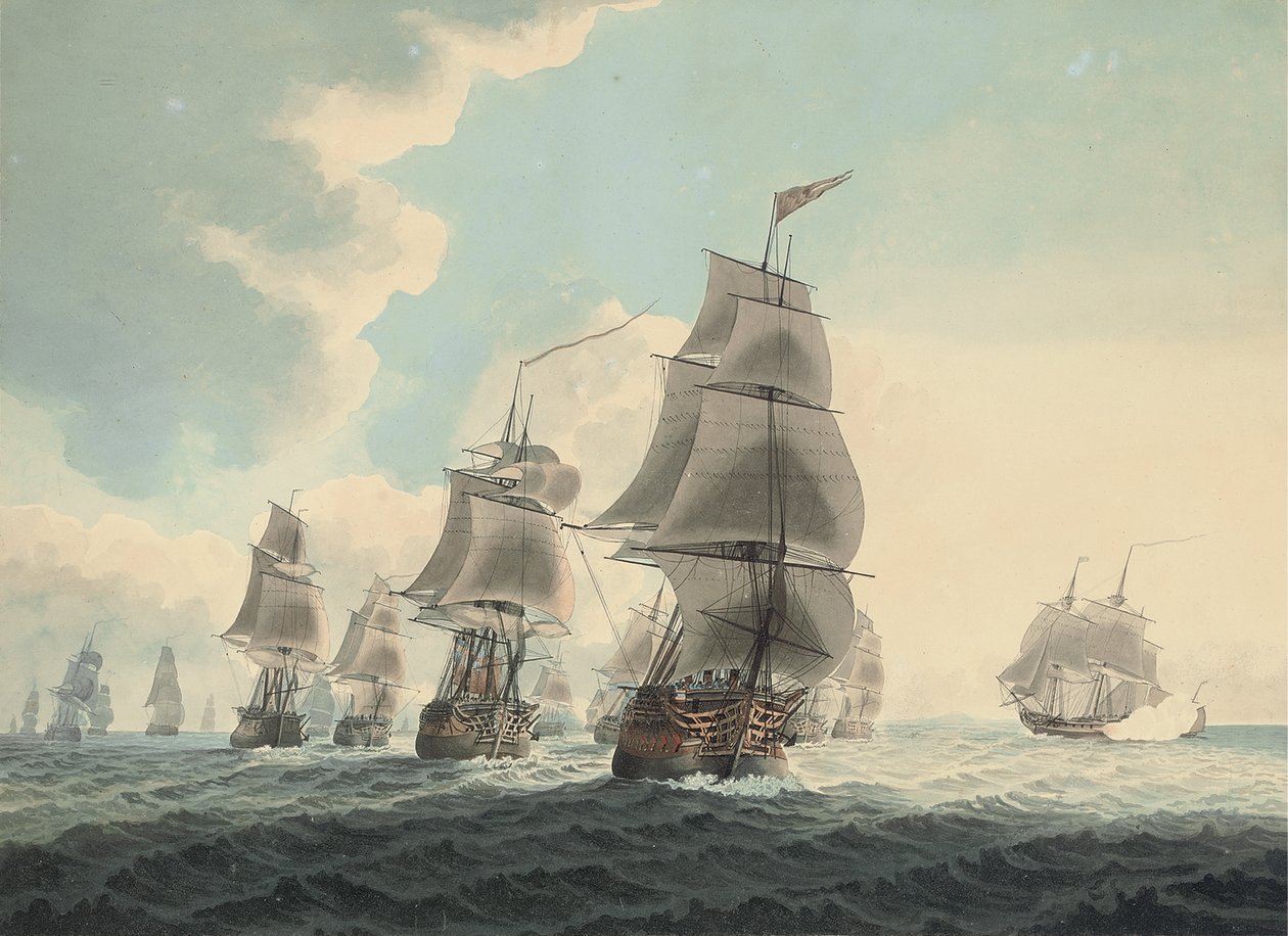 Uma esquadra da Marinha Real a correr pelo Canal (lápis, caneta, tinta preta e aguarela sobre papel) de Samuel (attr. to) Atkins