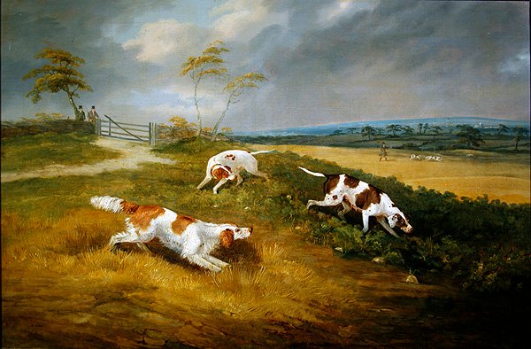 Caçador e cães de caça no esconderijo de Samuel Alken Jnr.