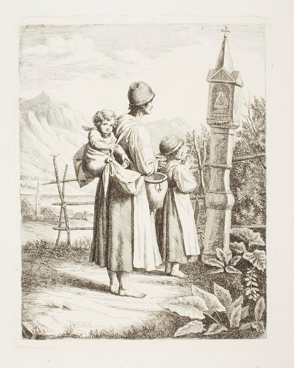 Mendiga com duas crianças diante de uma imagem da Madona a caminho do Tirol de Samuel Amsler