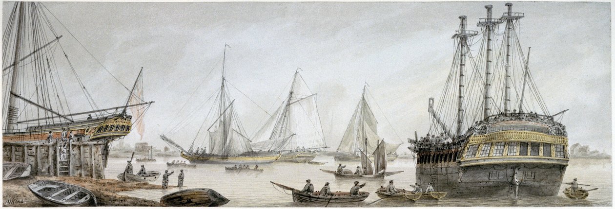 Um navio indiano preparado para reparações no Tamisa, com uma descrição das actividades normais dos estaleiros reais de Deptford de Samuel Atkins
