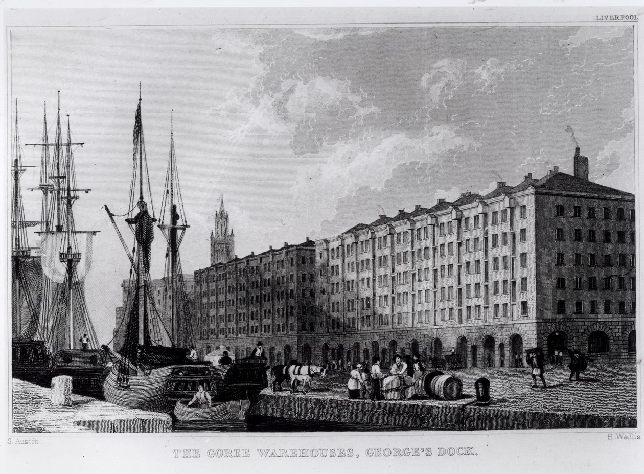 O armazém de Goree, doca de George, Liverpool, gravado por H. Wallis, c.1830 de Samuel Austin