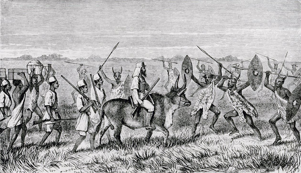 O Começo de M&39;rooli para o Lago com a Escolta Satânica de Kamrasi, de &39;O Albert N&39;yanza, Grande Bacia do Nilo e Explorações das Fontes do Nilo&39;, 1866 de Samuel Baker