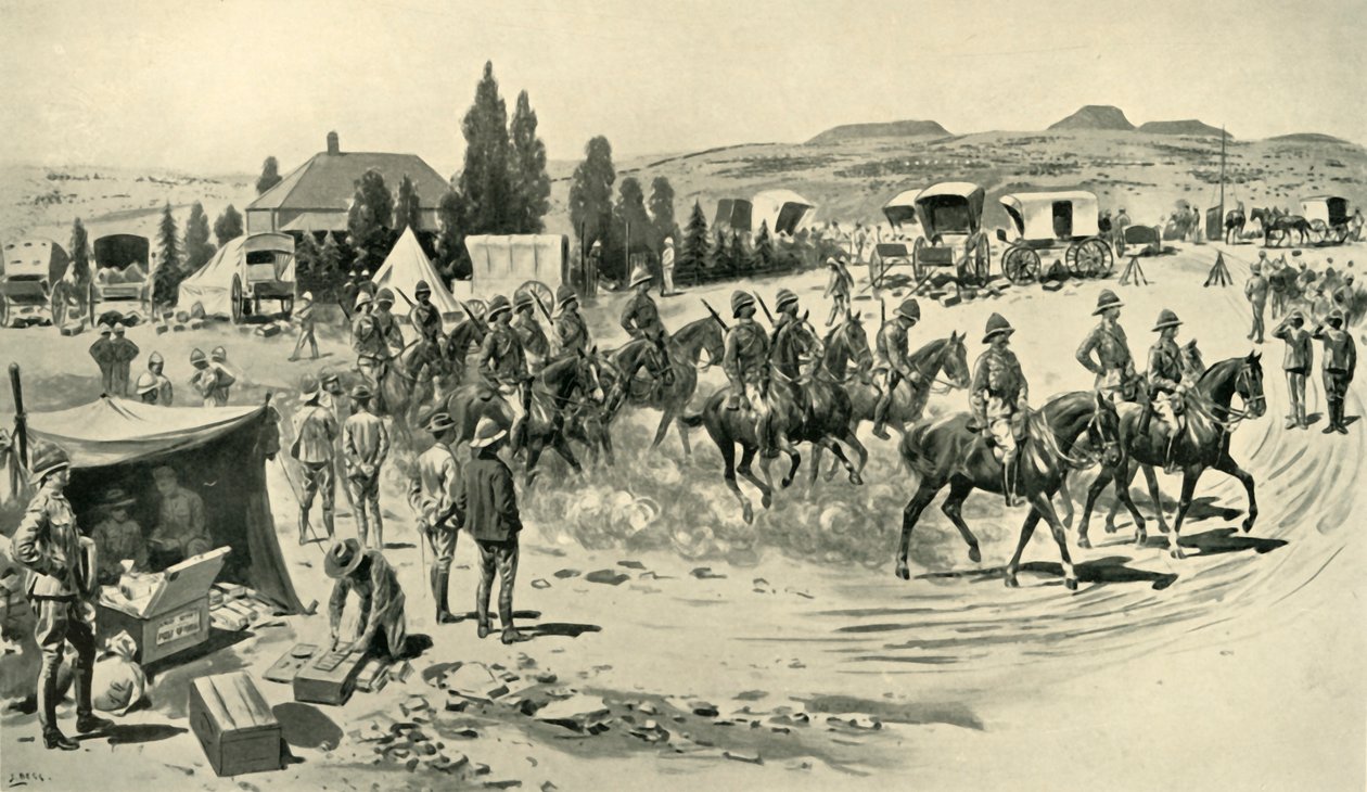 Lord Roberts e equipe de funcionários que começam para um reconhecimento da matriz em Smaldeel, 1901. de Samuel Begg