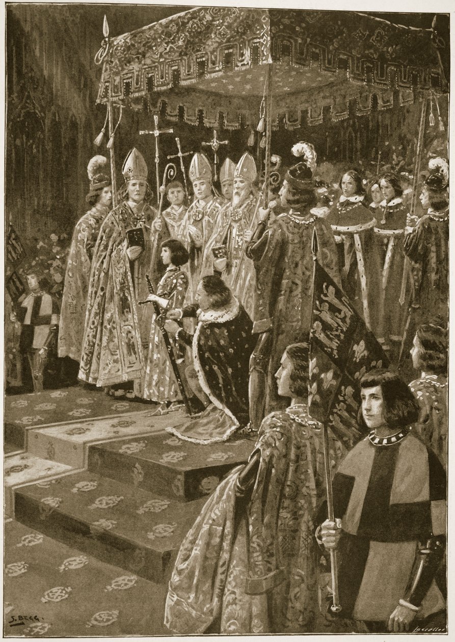 A apresentação das esporas e da espada na coroação de Henrique VI no dia de St. Leonard, 6 de novembro de 1429, de "The Illustrated London News", 1902 de Samuel Begg