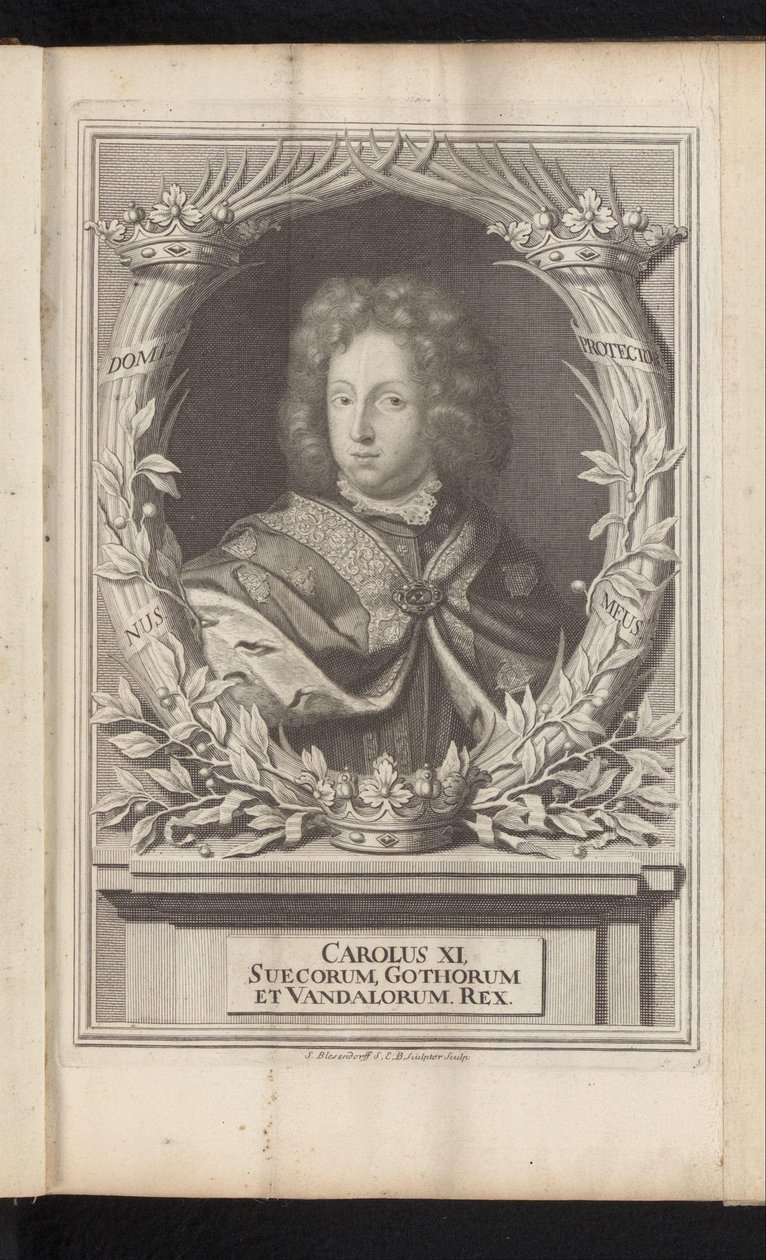 Portret de Karel XI de Zweden Carlos XI, rei dos godos e vândalos suecos (título no objeto) Suécia Antiga e Moderna (título da série) de Samuel Blesendorf