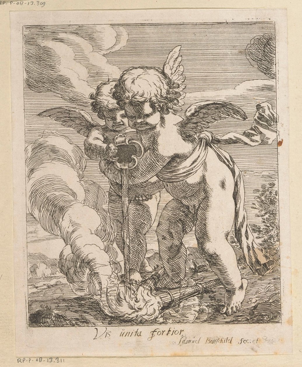 Twee putti blussen fakkels
Vis unita unita fortior (título sobre o objecto)
Diversos ontwerpen (título da série)
Opera Varia Historica, Poetica & Iconologica (título da série) de Samuel Bottschild