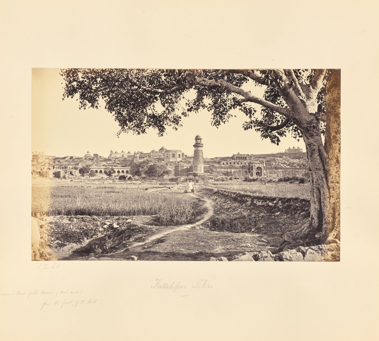 Fatehpur Sikri; vista geral das ruínas (lado oeste), a partir do sopé da colina de Samuel Bourne