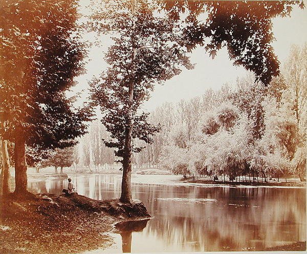 Vista no Canal de Dhul, Caxemira, c.1865 (foto sépia) de Samuel Bourne