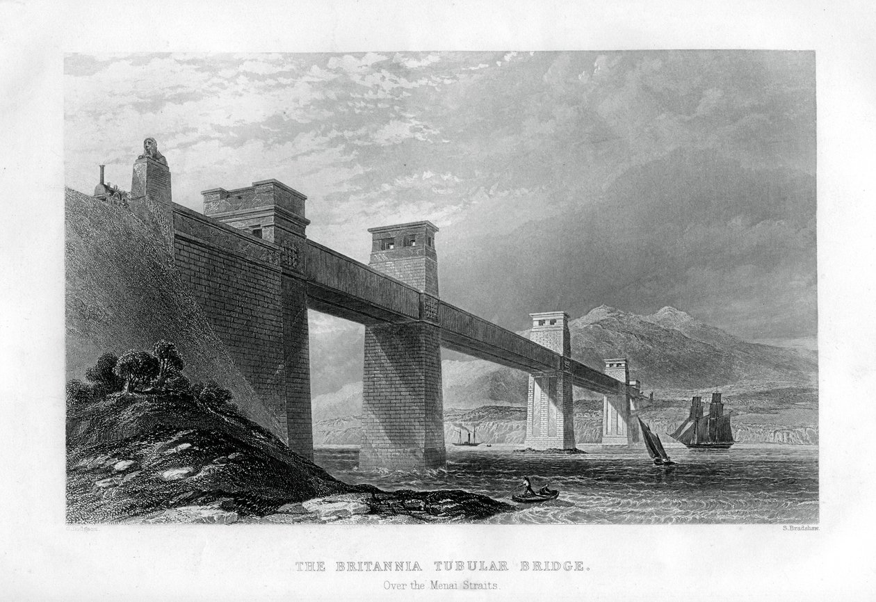 A ponte tubular Britannia sobre o estreito de Menai, país de Gales, 1886 de Samuel Bradshaw