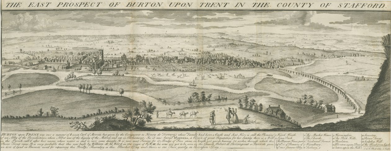 Burton-upon-Trent Bridge and Town: gravura, nd [1696-1779] (imprimir) de Samuel Buck