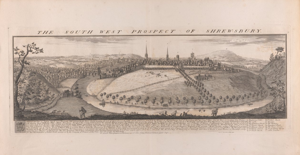 South West Prospect of Shrewsbury, Shropshire de Samuel Buck