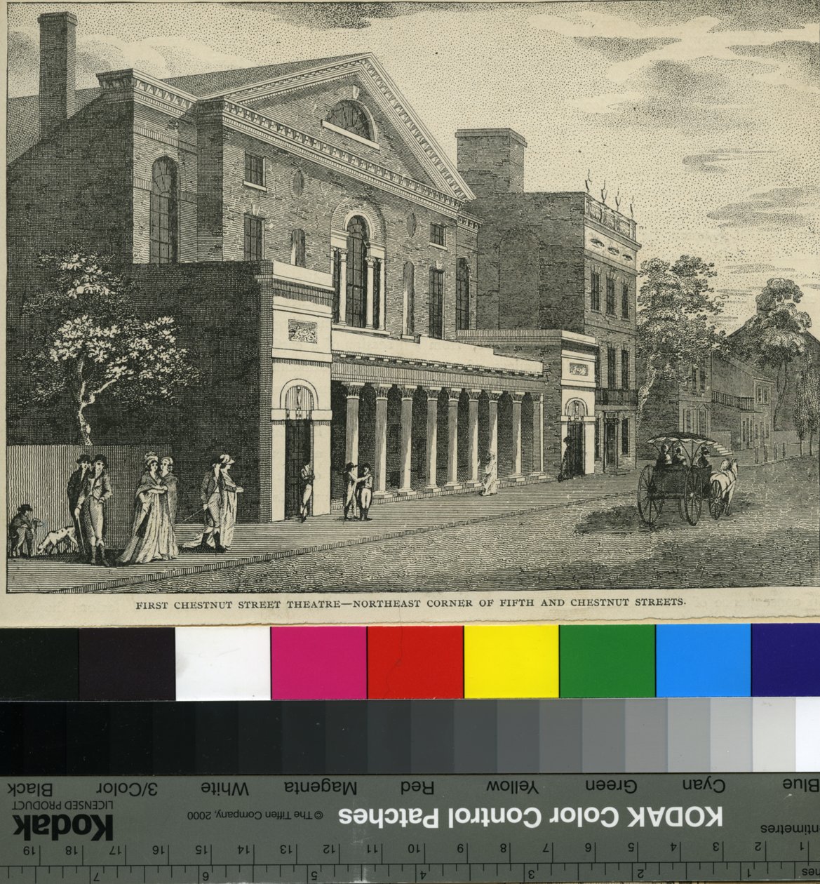 First Chestnut Street Theatre, Northeast Corner of Fifth and Chestnut Streets, c.1820 (xilogravura) de Samuel Castner