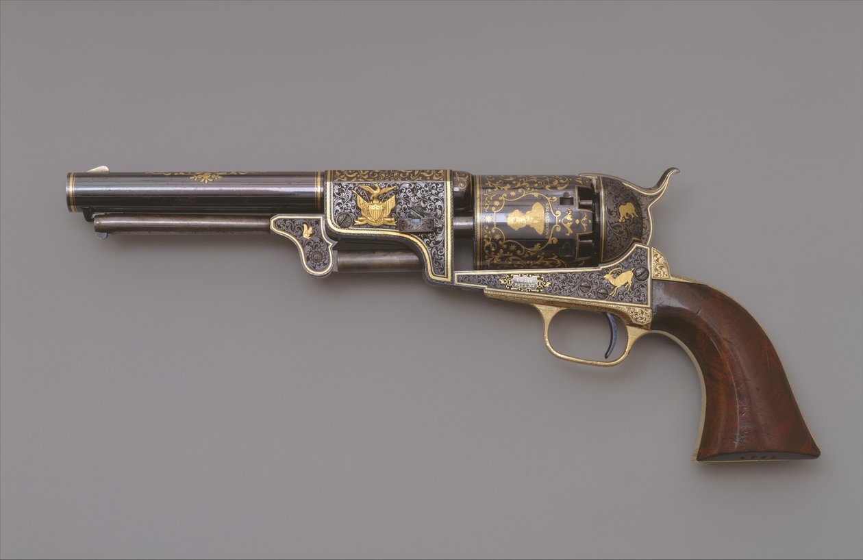 Colt Third Model Dragoon Percussion Revolver, c.1853 (aço, latão, ouro e madeira de nogueira) de Samuel Colt