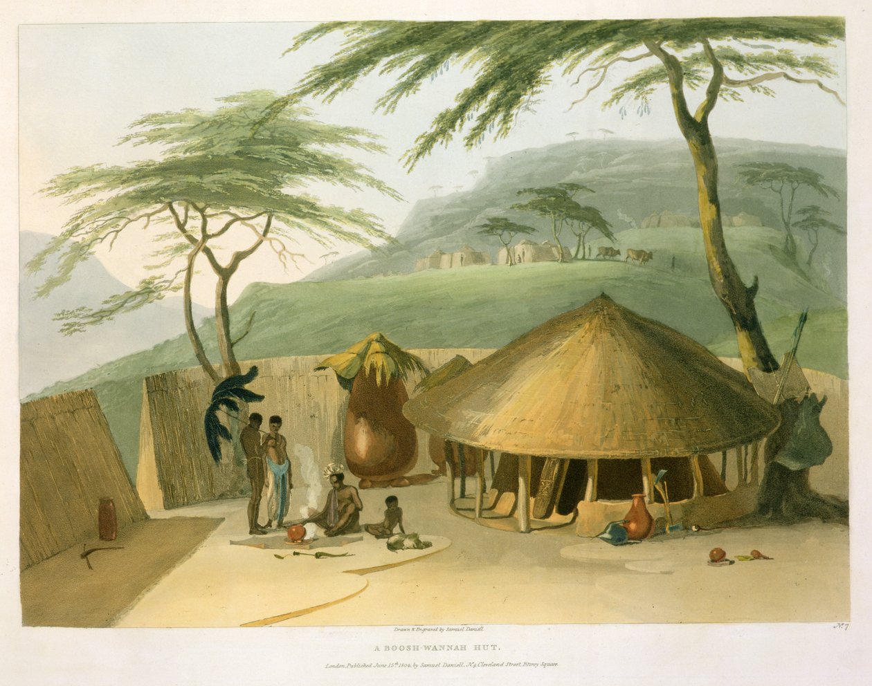 Um Boosh-Wannah Hut, prato 7 de &39;Cenário Africano e Animais&39;, gravado pelo artista, 1804 (aquatint) de Samuel Daniell
