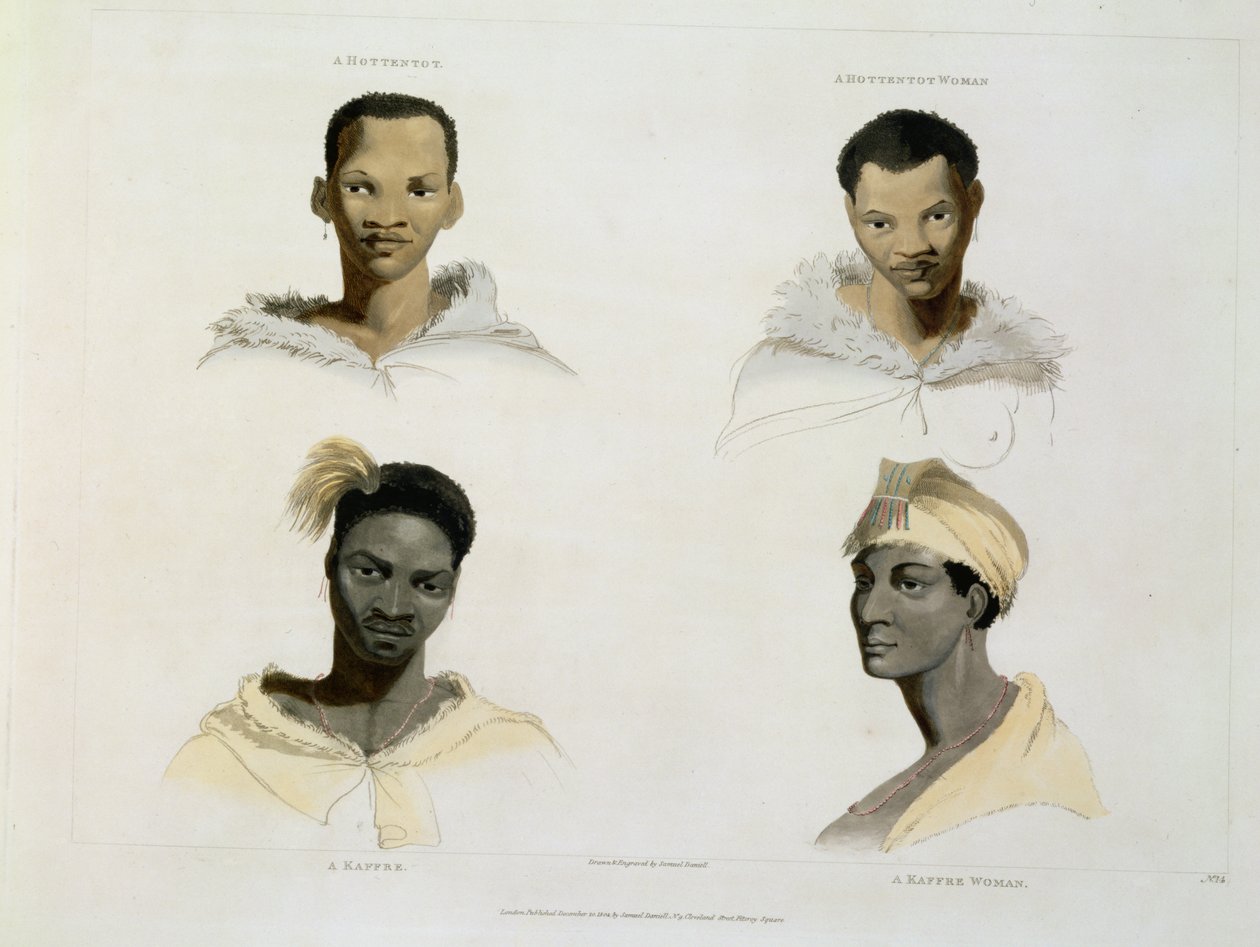 Um hotentote, uma mulher hotentote, um kaffre, uma mulher do Kaffre: quatro vinhetas de cabeça e ombros, prato 14 de "Paisagem e Animais Africanos", gravado pelo artista, 1804 (aquatint) de Samuel Daniell
