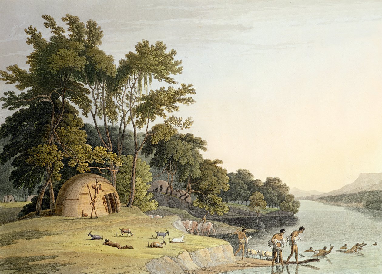 Aldeia Hottentot de Korah, na margem esquerda do Rio Orange, placa 1 de &39;African Scenery and Animals&39;, gravada pelo artista, 1804 (aquatint) de Samuel Daniell
